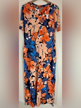 Chico's 100% Cotton Floral Short Sleeve Dress with Pockets Orange Blue size M